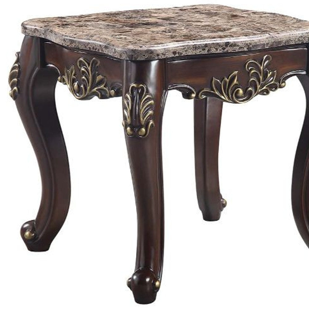 26" Cherry And Marble Marble And Solid Wood Square End Table