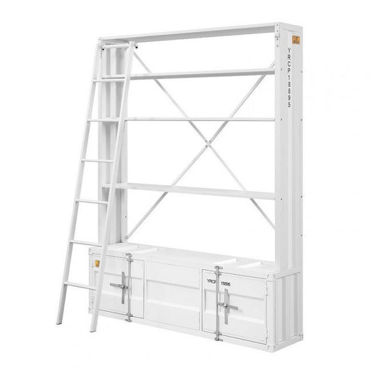 83" White Four Tier Cargo Style Bookcase with Cabinets and Ladder