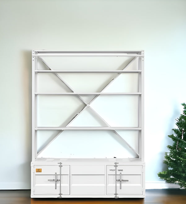 83 White Four Tier Cargo Style Bookcase with Cabinets and Ladder