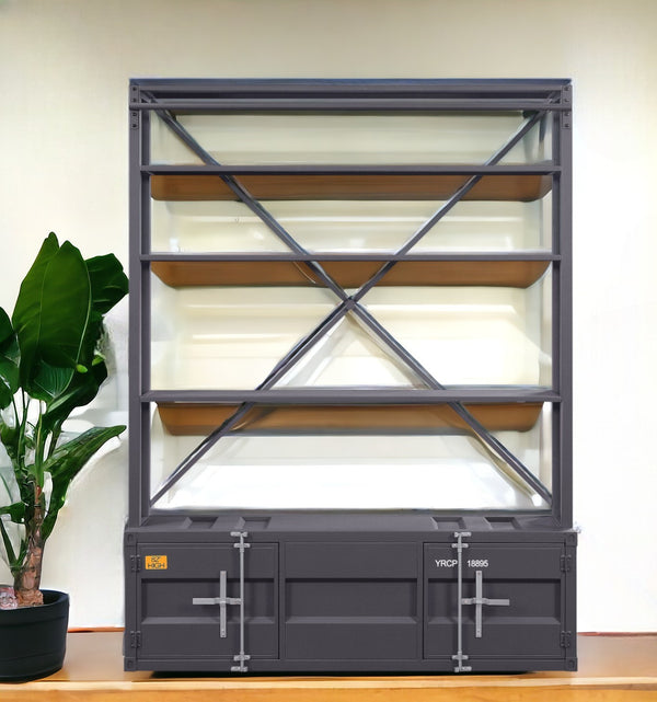 83 Gray Four Tier Cargo Style Bookcase with Cabinets and Ladder