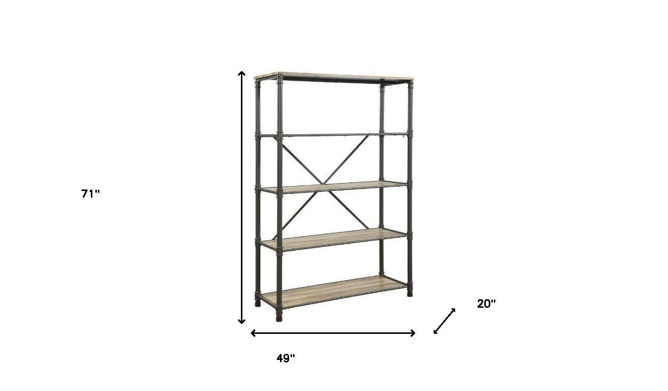 71" Antique Oak And Gray Distressed Four Tier Bookcase