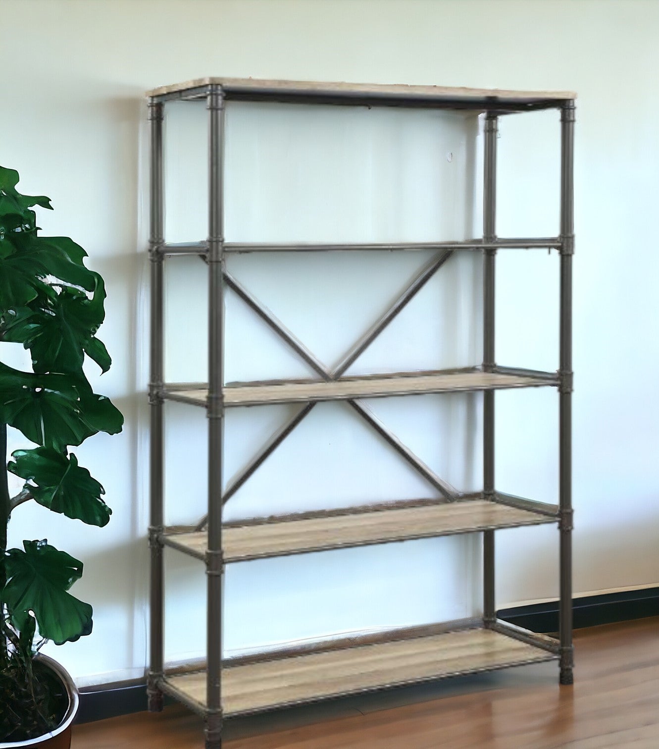 71" Antique Oak And Gray Distressed Four Tier Bookcase