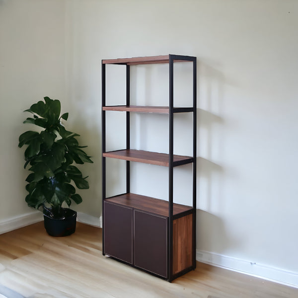 70 Brown and Black Metal Three Tier Bookcase with Two doors