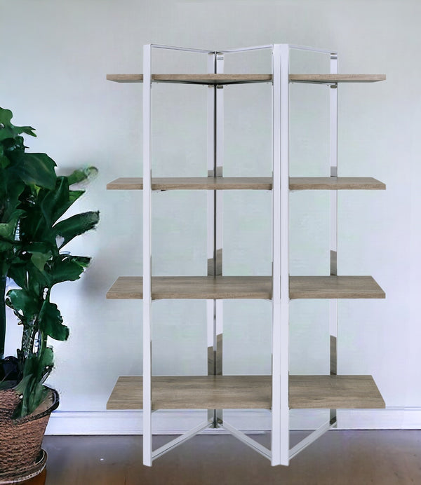 72 Brown and Silver Metal Four Tier Etagere Bookcase