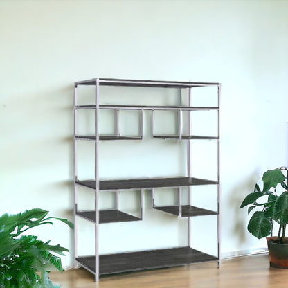 72" Gray and Silver Metal Seven Tier Geometric Bookcase