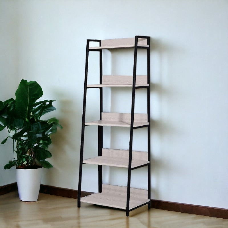 67" Natural and Black Metal Five Tier Ladder Bookcase