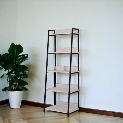 67" Natural and Black Metal Five Tier Ladder Bookcase