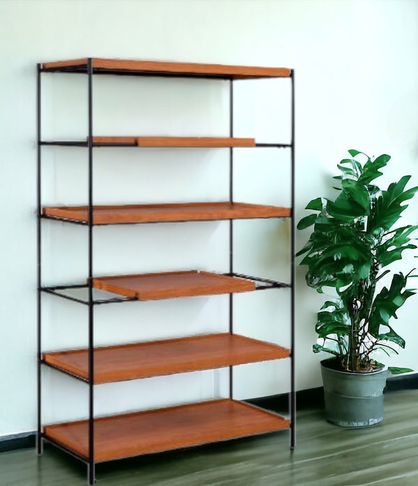 70 Brown and Black Metal Six Tier Etagere Bookcase