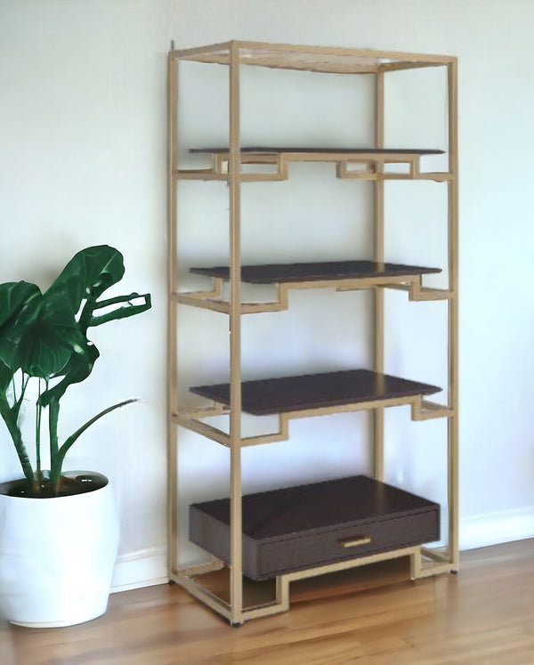 78 Gold and Black Metal Four Tier Etagere Bookcase with a Drawer