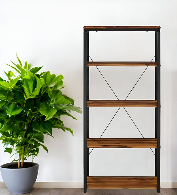 54 Brown and Black Metal Four Tier Etagere Bookcase