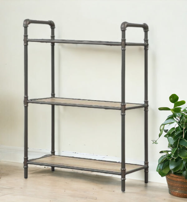 36 Antique Oak and Sandy Gray Metal Three Tier Standard Bookcase