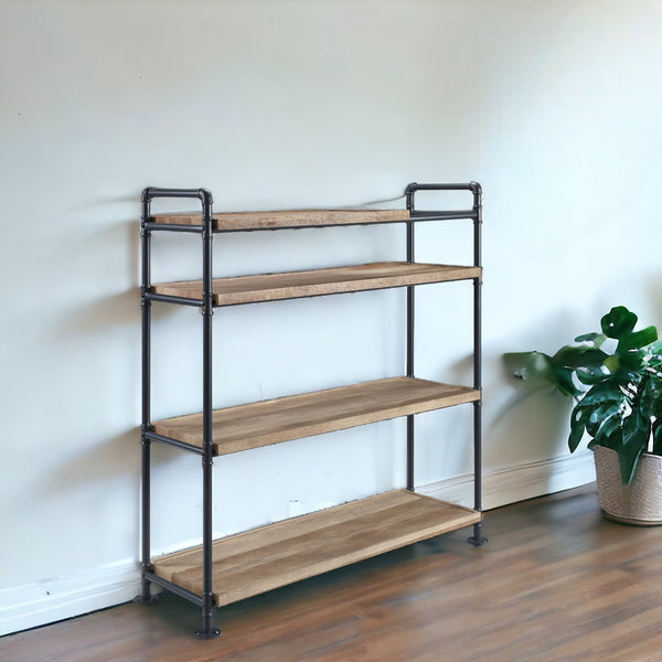 49 Brown and Black Metal Four Tier Etagere Bookcase