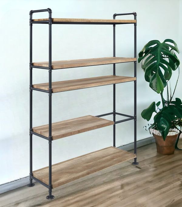 65 Brown and Black Metal Five Tier Etagere Bookcase