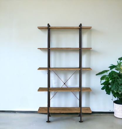 73" Brown and Black Metal Five Tier Etagere Bookcase