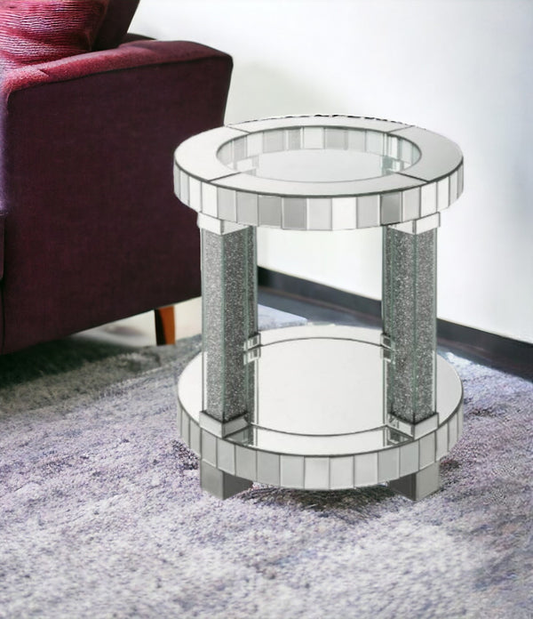 24 Clear Glass Round Mirrored End Table With Shelf