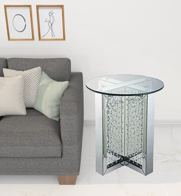 23 Clear Glass And Mirrored Round End Table With Drawer