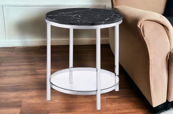 25 Chrome And Black Faux Marble And Metal Round End Table With Shelf