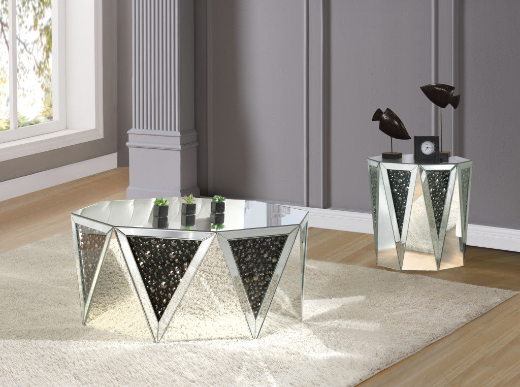 24" Silver And Faux Crystals Octagon Mirrored End Table