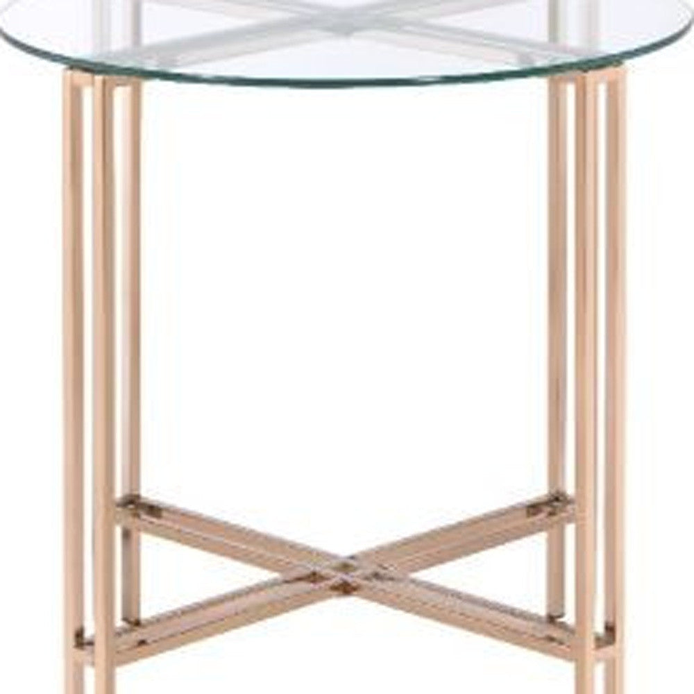 24" Champagne And Clear Glass And Metal Round End Table