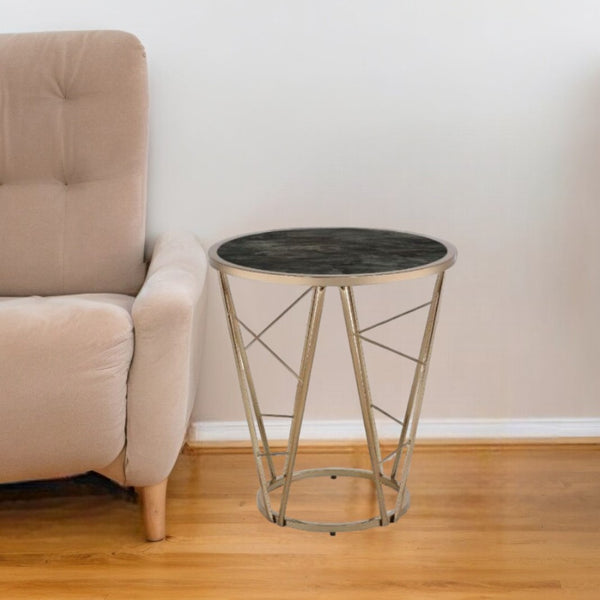 24 Champagne And Black Faux Marble Glass And Metal Round End Table