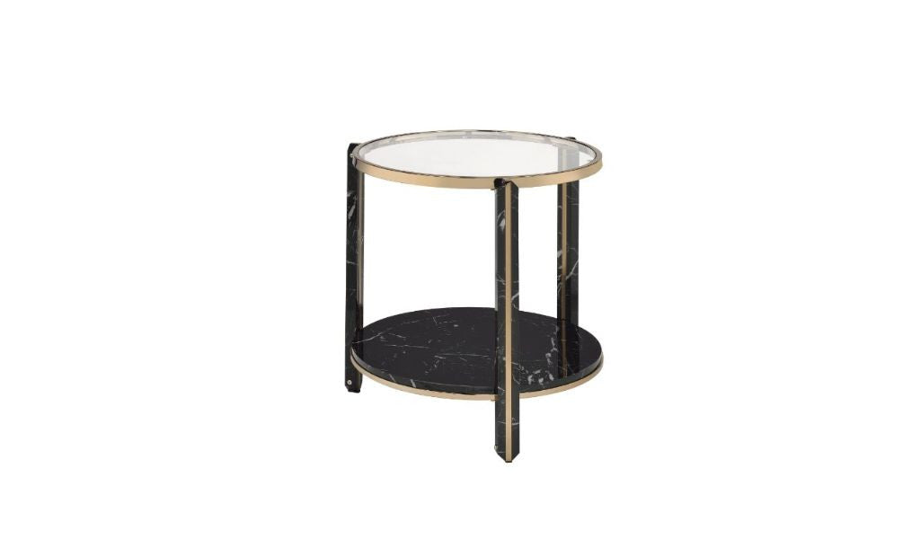 24" Champagne And Clear Glass And Metal Round End Table With Shelf