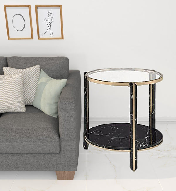 24 Champagne And Clear Glass And Metal Round End Table With Shelf