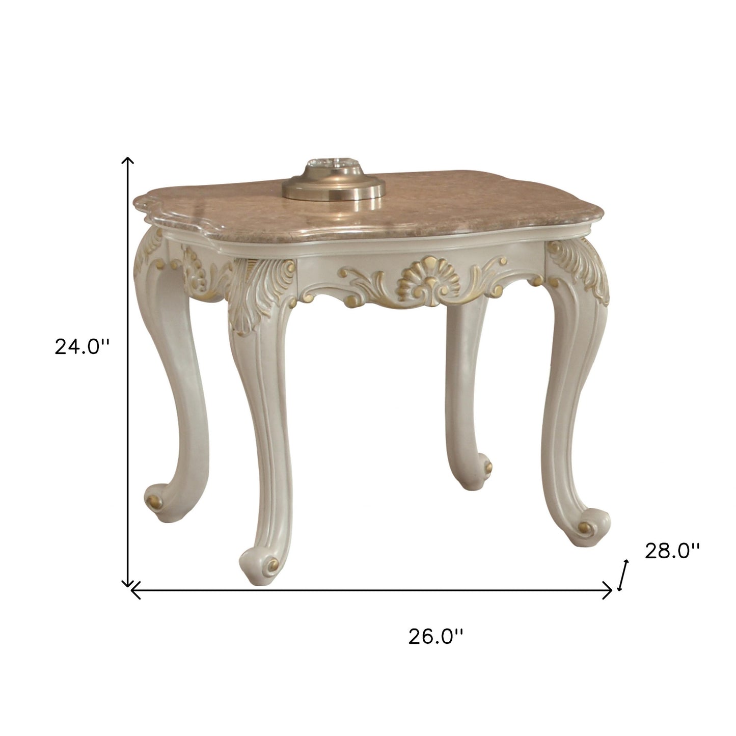 24" Pearl White Brushed With Gold Accents And Light Brown Marble End Table