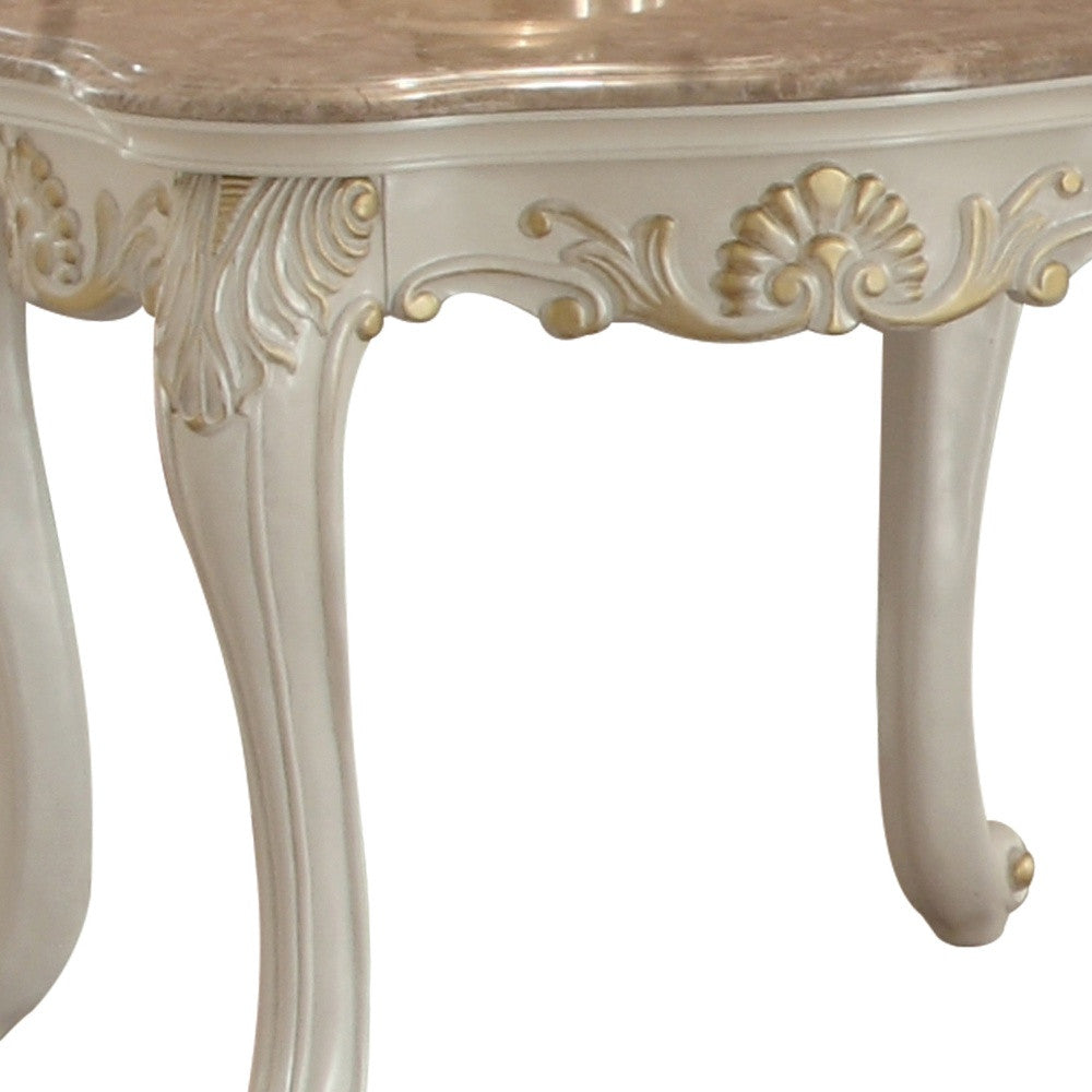 24" Pearl White Brushed With Gold Accents And Light Brown Marble End Table