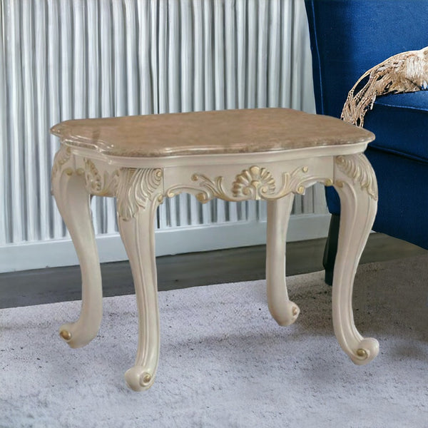 24 Pearl White Brushed With Gold Accents And Light Brown Marble End Table