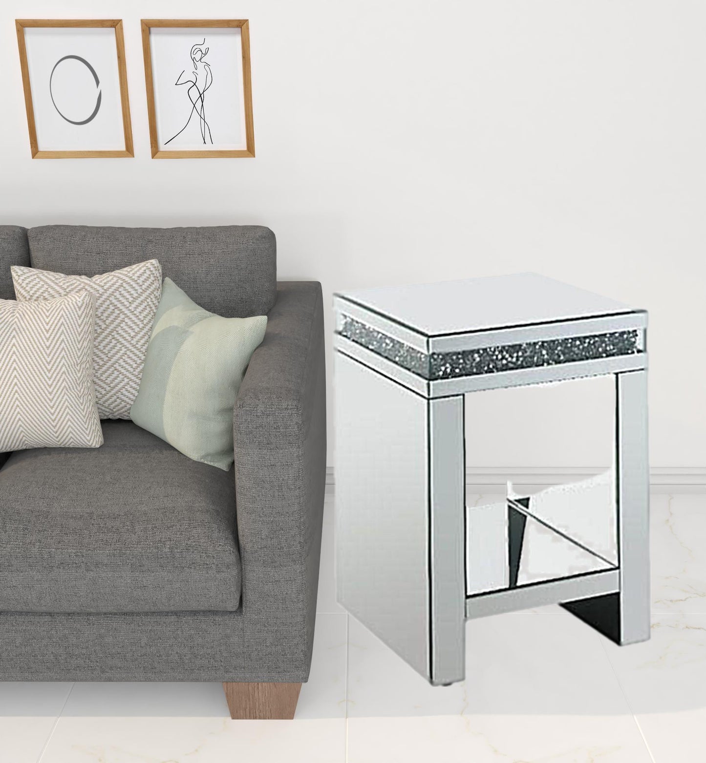 24" Silver Glass Square Mirrored End Table With Shelf