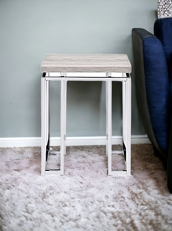 24 Chrome And Natural Oak Manufactured Wood And Metal Square End Table