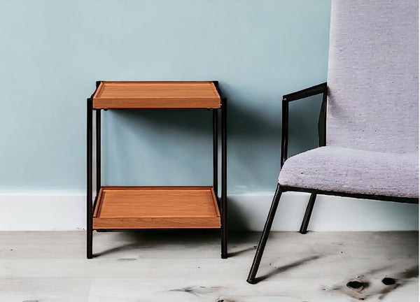 24 Black And Honey Oak Wood And Metal Square End Table With Shelf