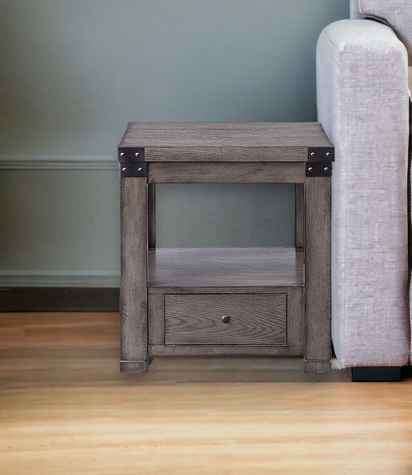 24 Ash Gray Square End Table With Drawer And Shelf