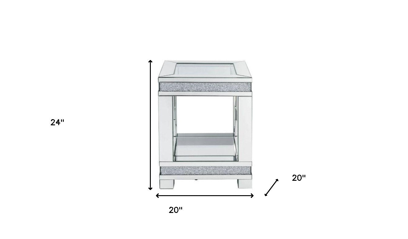 24" Clear Glass Square Mirrored End Table With Shelf