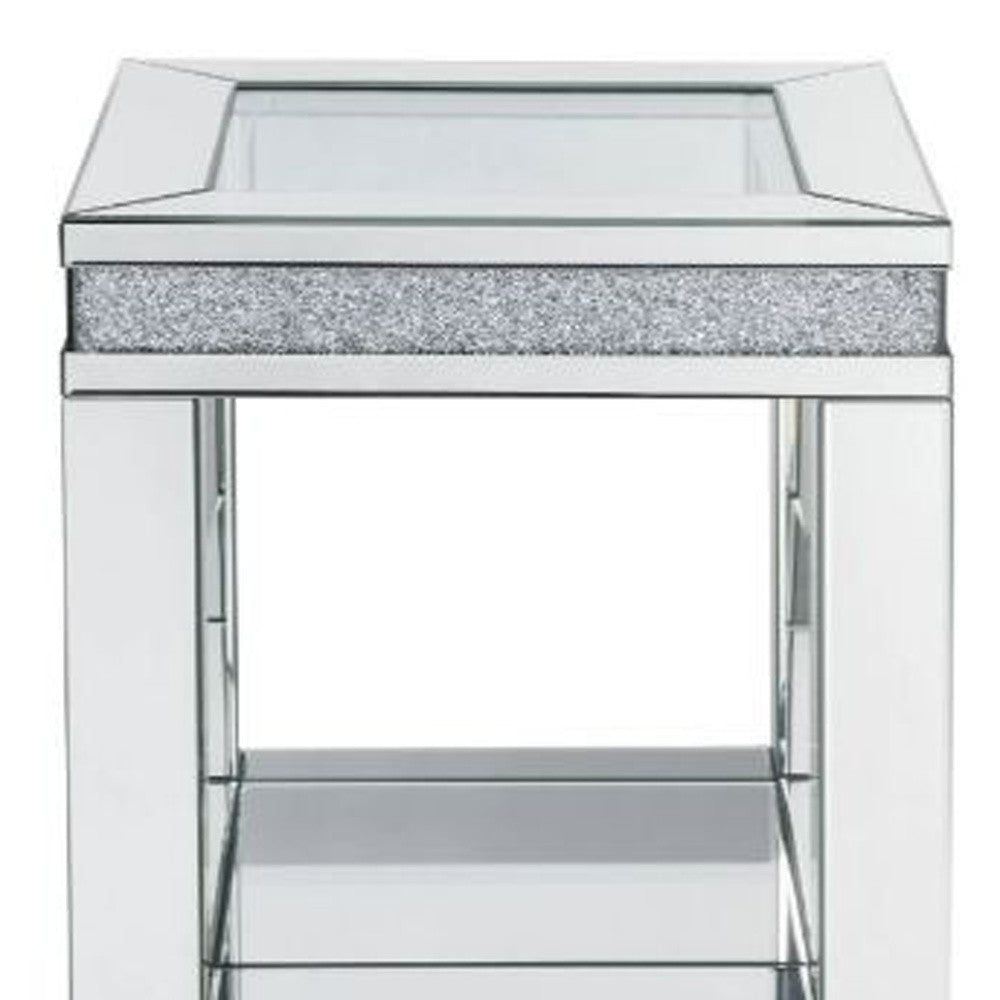 24" Clear Glass Square Mirrored End Table With Shelf