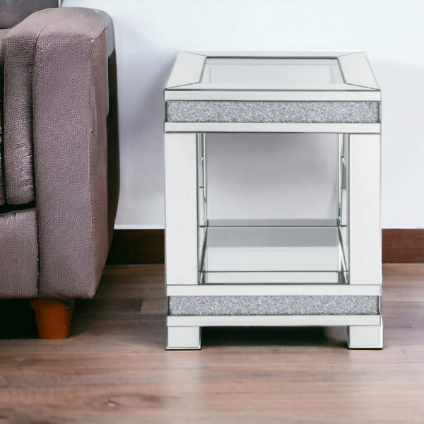 24 Clear Glass Square Mirrored End Table With Shelf