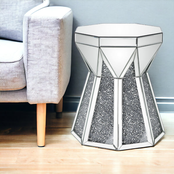 24 Gray And Silver Mirrored Round Mirrored End Table