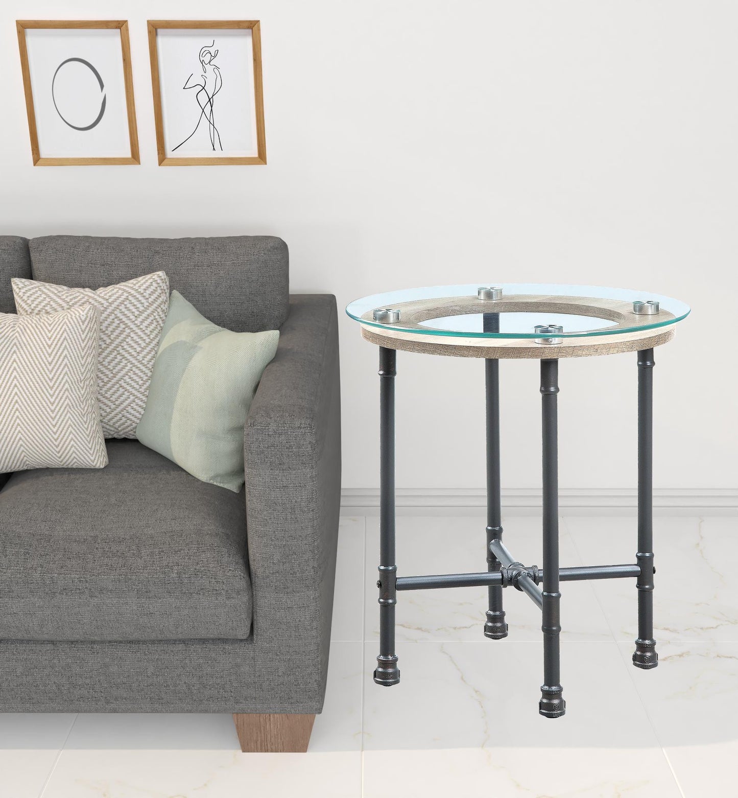 24" Sandy Gray And Clear Glass And Metal Round End Table