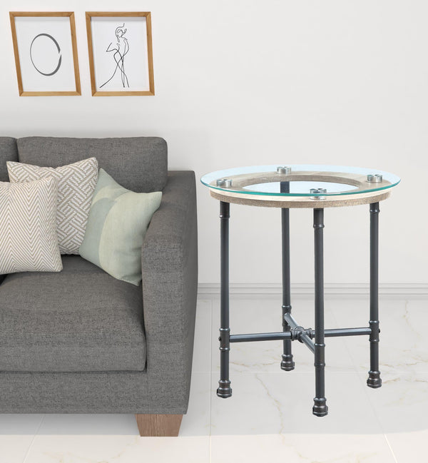 24 Sandy Gray And Clear Glass And Metal Round End Table