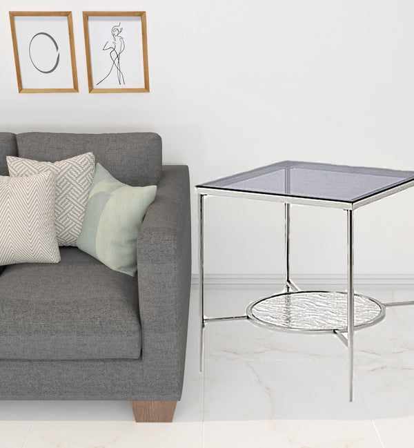 24 Chrome And Clear Glass And Metal Square End Table With Shelf