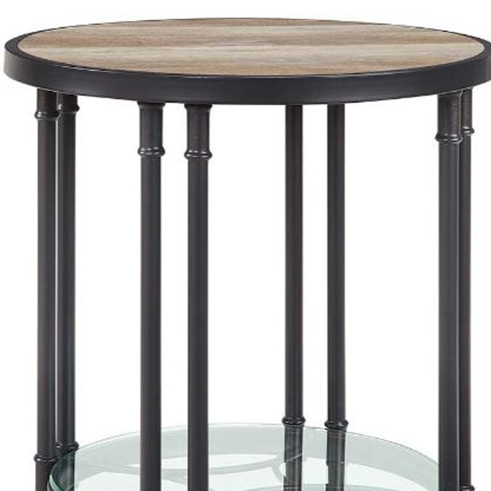 24" Sandy Black And Oak Manufactured Wood And Metal Round End Table With Shelf