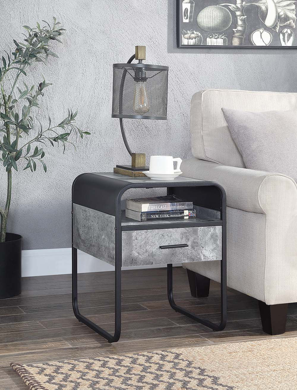 22" Black And Gray Square End Table With Drawer And Shelf