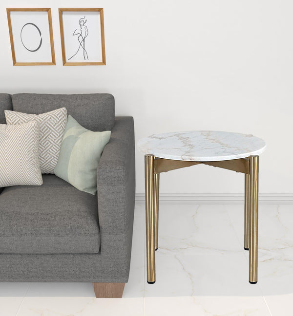 22 Gold And White Marble Round End Table