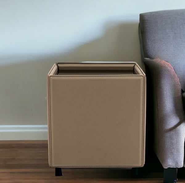 18 Beige And Black Glass And Faux Leather Square End Table