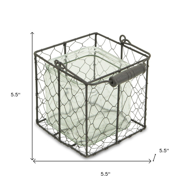 5.5 Brown and Clear Square Wire Basket and Glass Jar