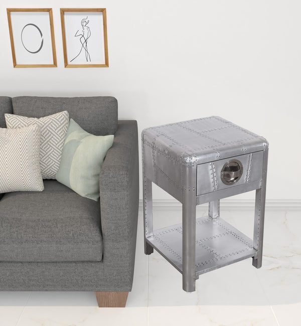 24 Silver Aluminum Square End Table With Drawer And Shelf