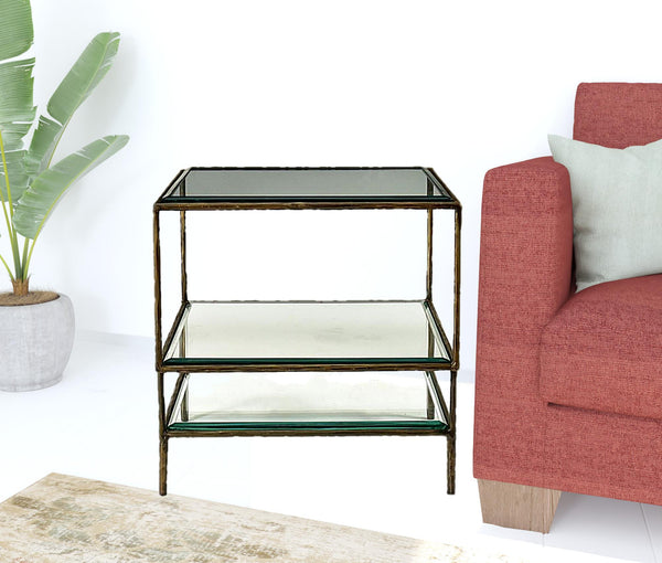 20 Bronze And Clear Glass And Iron Square End Table With Two Shelves