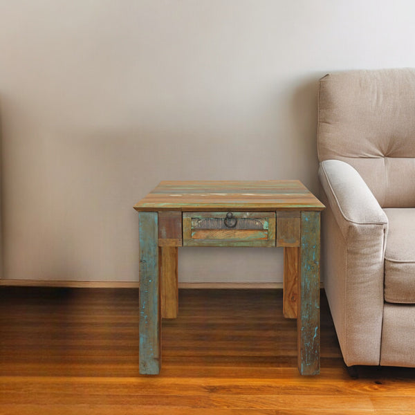 24 Brown Solid Wood Square End Table With Drawer