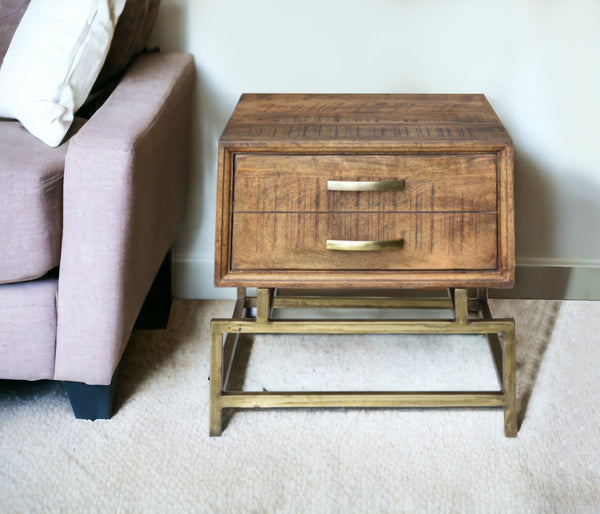 21 Brass And Brown Solid Wood And Iron Square End Table With Drawer