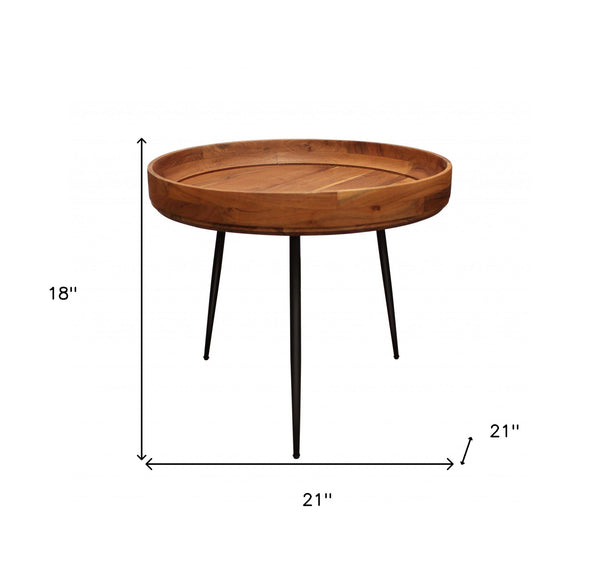 18 Black And Natural Brown Solid Wood And Iron Round End Table